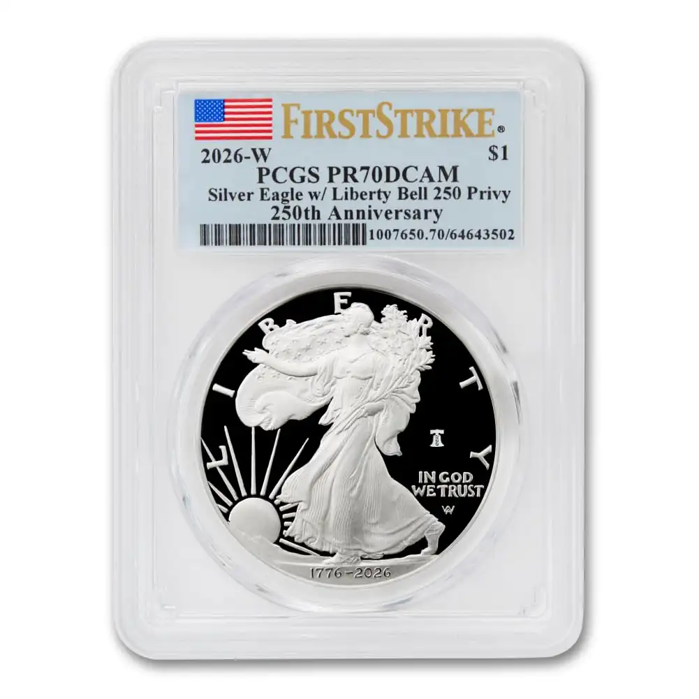2026 W 1 oz American Silver Eagle Proof Coin PR-70 Deep Cameo (First Strike , 250th Anniversary, Liberty Bell 250 Privy, Flag Label)
