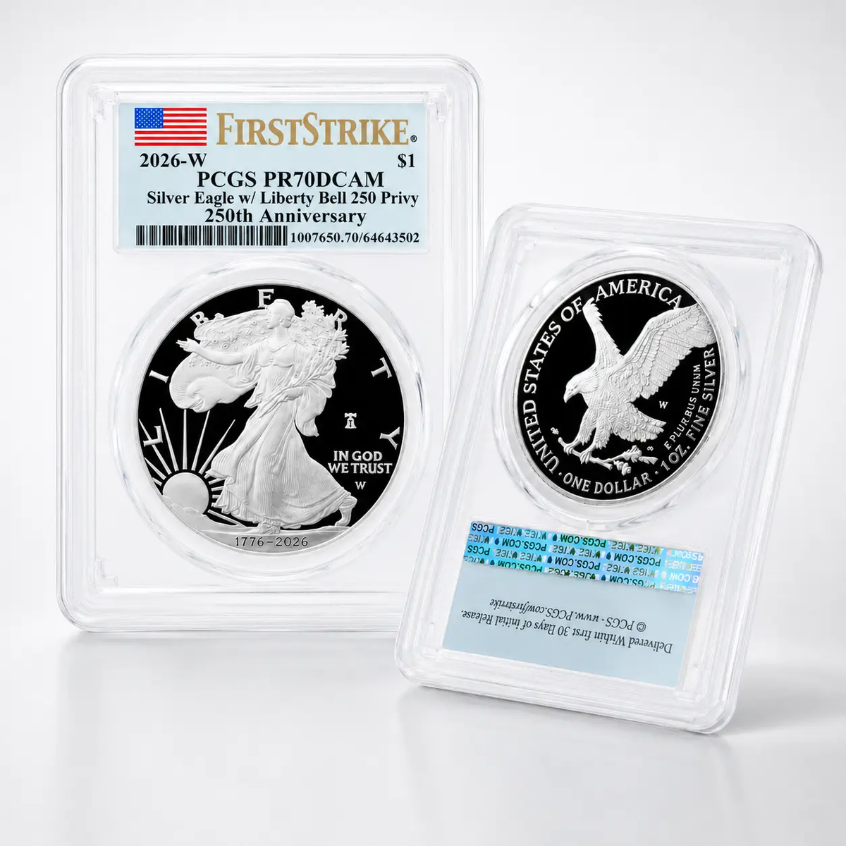2026 W 1 oz American Silver Eagle Proof Coin PR-70 Deep Cameo (First Strike , 250th Anniversary, Liberty Bell 250 Privy, Flag Label)